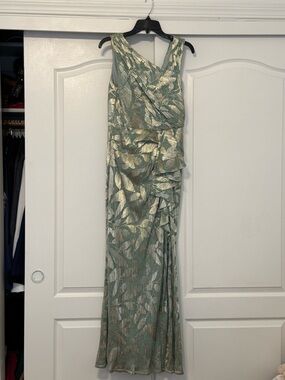 Adrianna Papell Elegant Metallic Leaf-Print asymmetric Evening Dress Sage Green